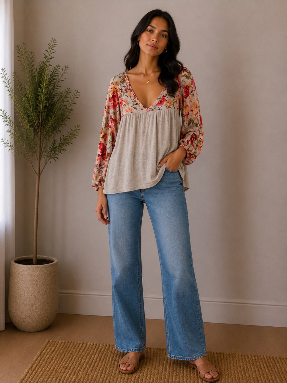 ODDY Floral Sleeve Beige Babydoll Blouse